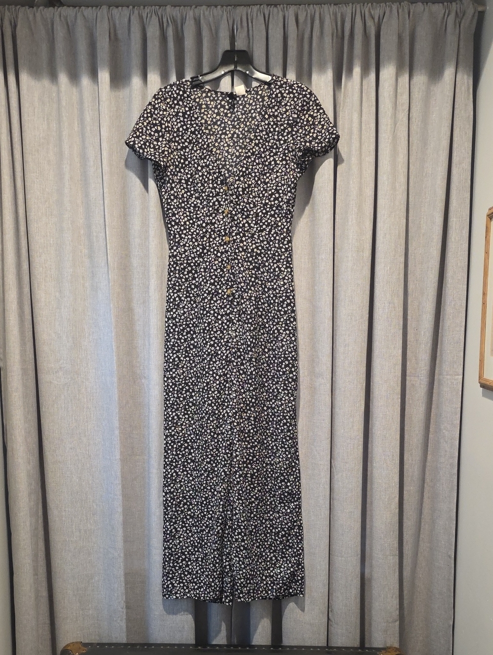 Divided Black and White Mini Floral Jumpsuit with Wide Leg Button Front